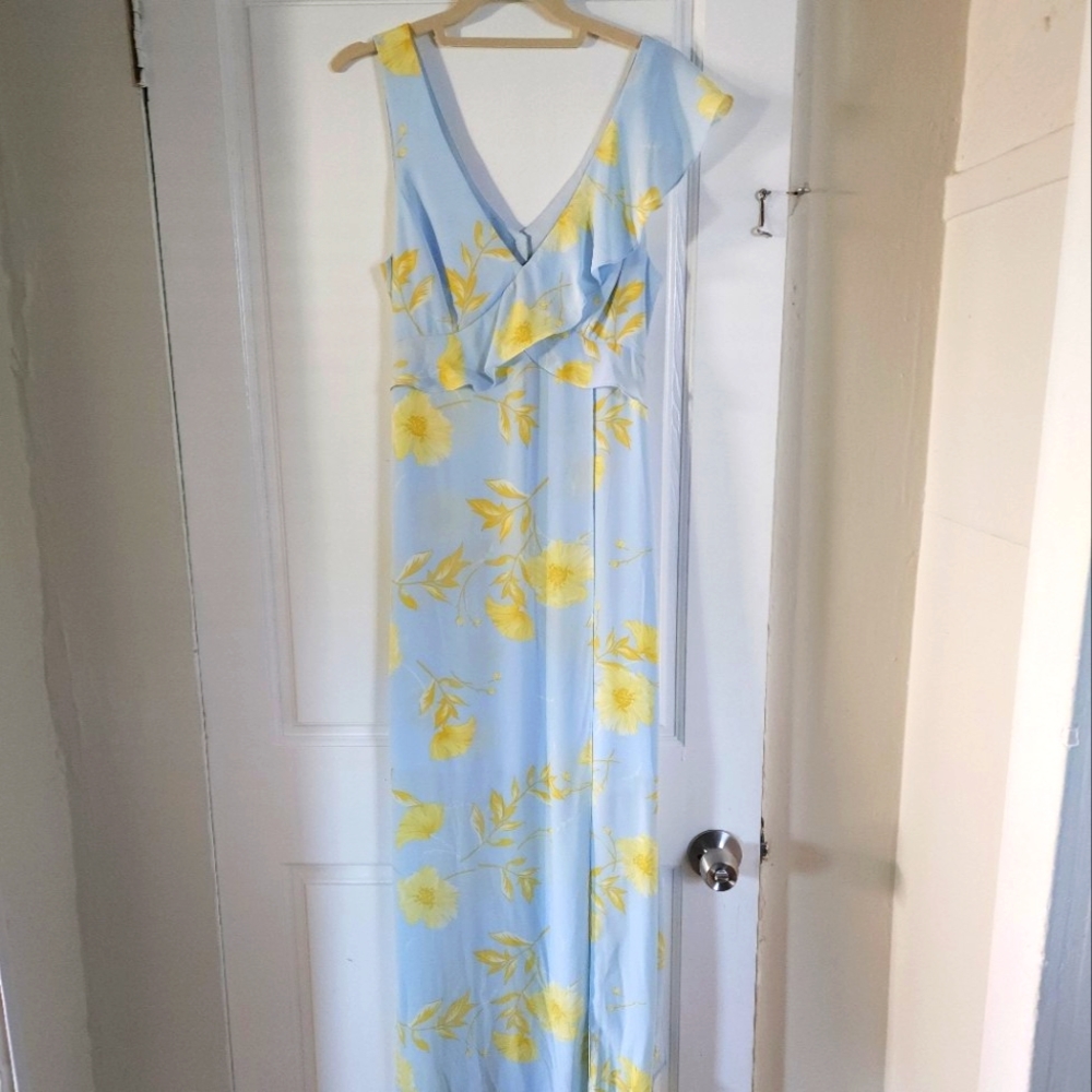 Bcbgmaxazria Dress Floral Print Ruffled Maxi Dress, blue/yellow flowers, size 6